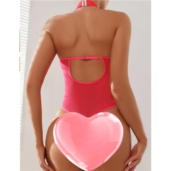 Women Teddy Lingerie Sexy Mesh Bodysuit Rose Pink - Picture 4 of 5